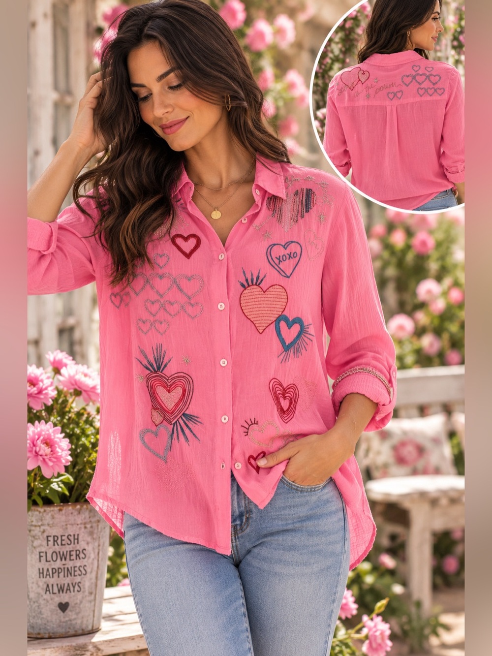 Johnny Was Workshop Pink Embroidered Heart Button Front Tunic Blouse Small